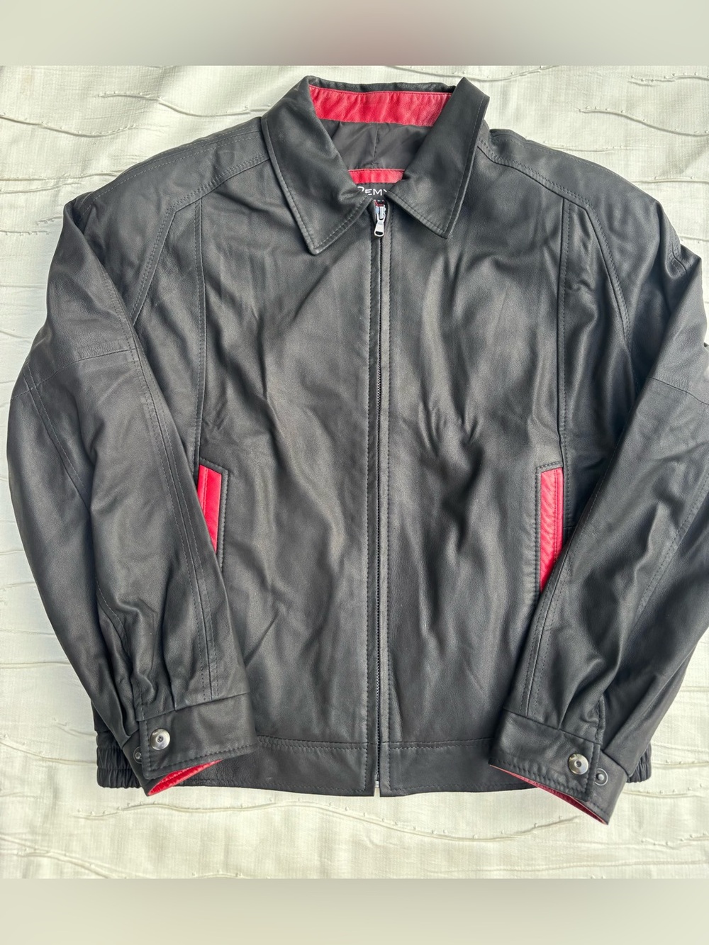 Remy Men's Lambskin Leather Bomber Jacket Black Red Trim Sz 38 Small Like New